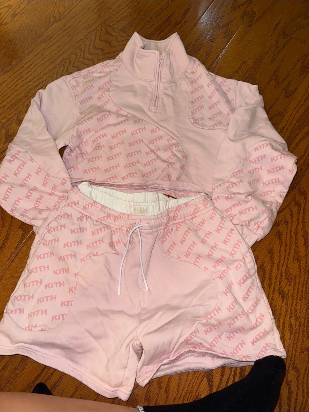 Kith Light Pink Logo Cropped Quarter-Zip Top and Shorts Set